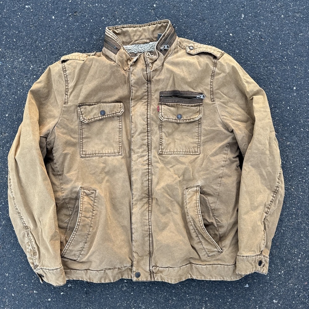 Levi Mens XL Brown Jacket Military Field Tan Canvas Sherpa Lined Chore Coat